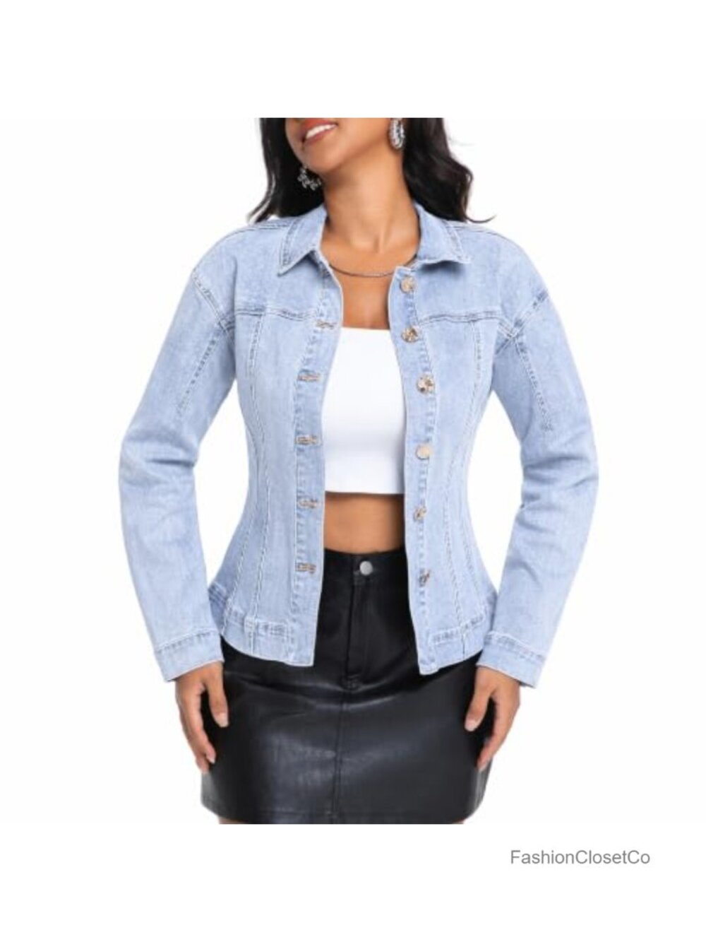 Stretch Denim Jacket Cinched Waist Button Down Long Sleeve Women's